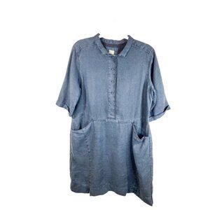 Poetry Cloud Navy 100% Linen Boho Lagenlook Collared Midi Dress Size 12